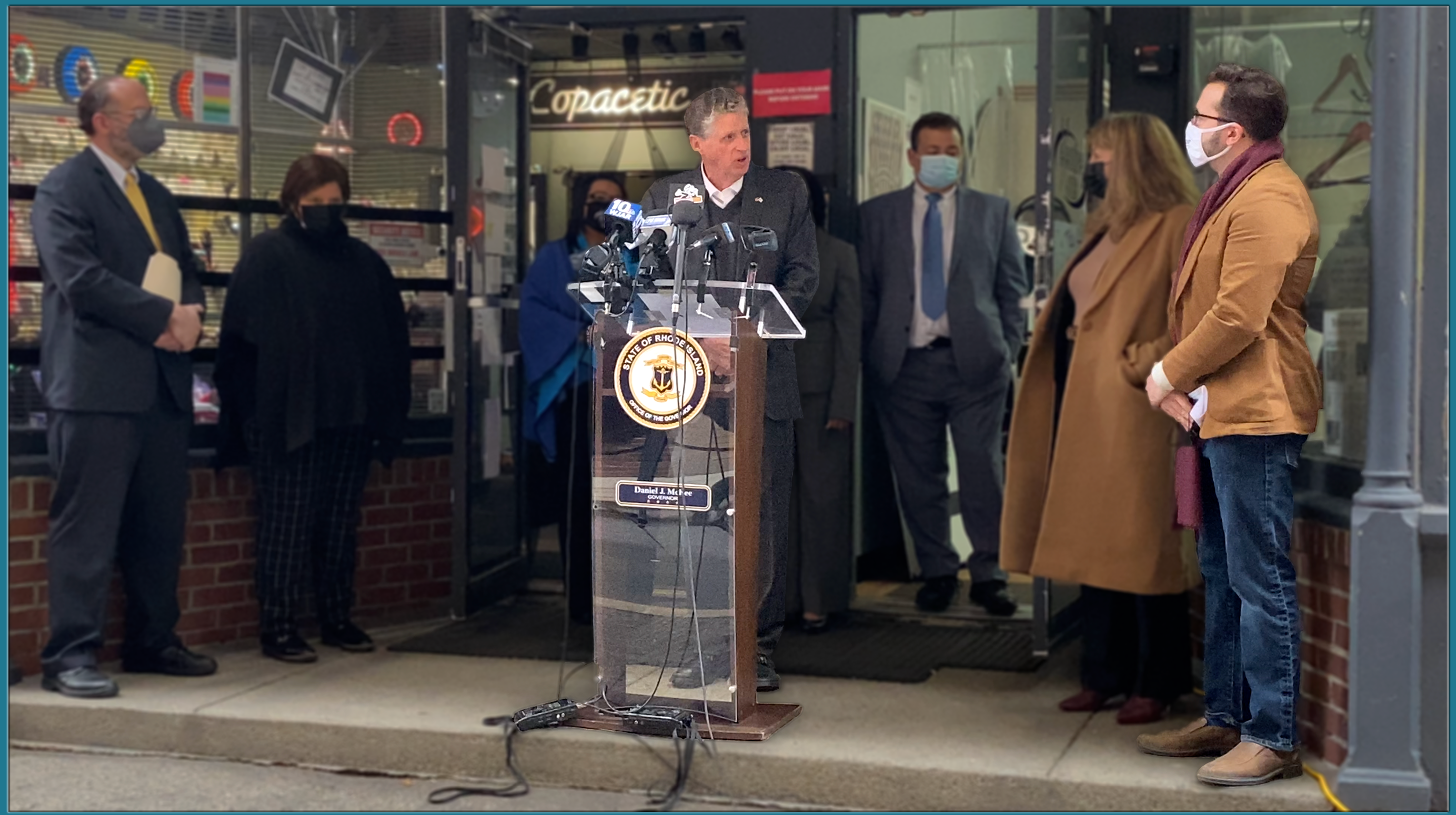 Governor Dan McKee addresses the crowd on April 12, 2021 and announces the Rhode Island Small Business Relief Grant